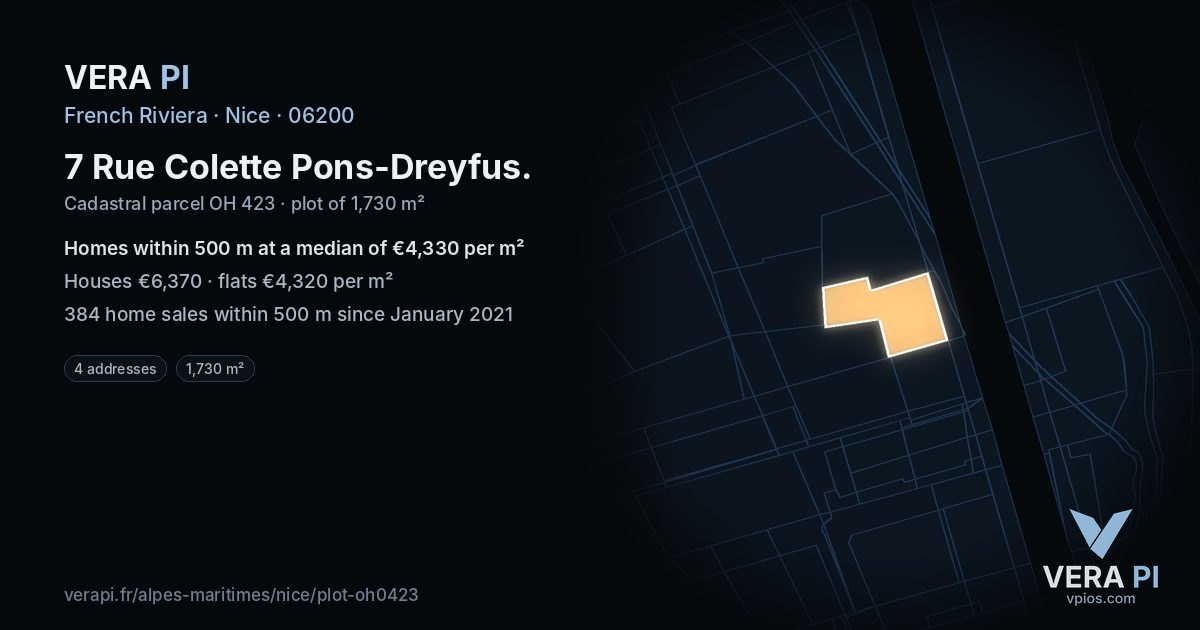 7 Rue Colette Pons-Dreyfus, Nice at night – the plot lit, the parcels around coloured by the prices near them