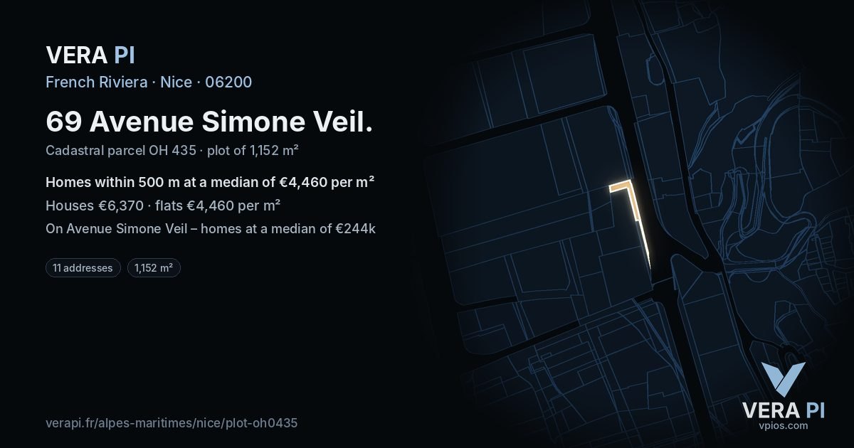 69 Avenue Simone Veil, Nice at night – the plot lit, the parcels around coloured by the prices near them