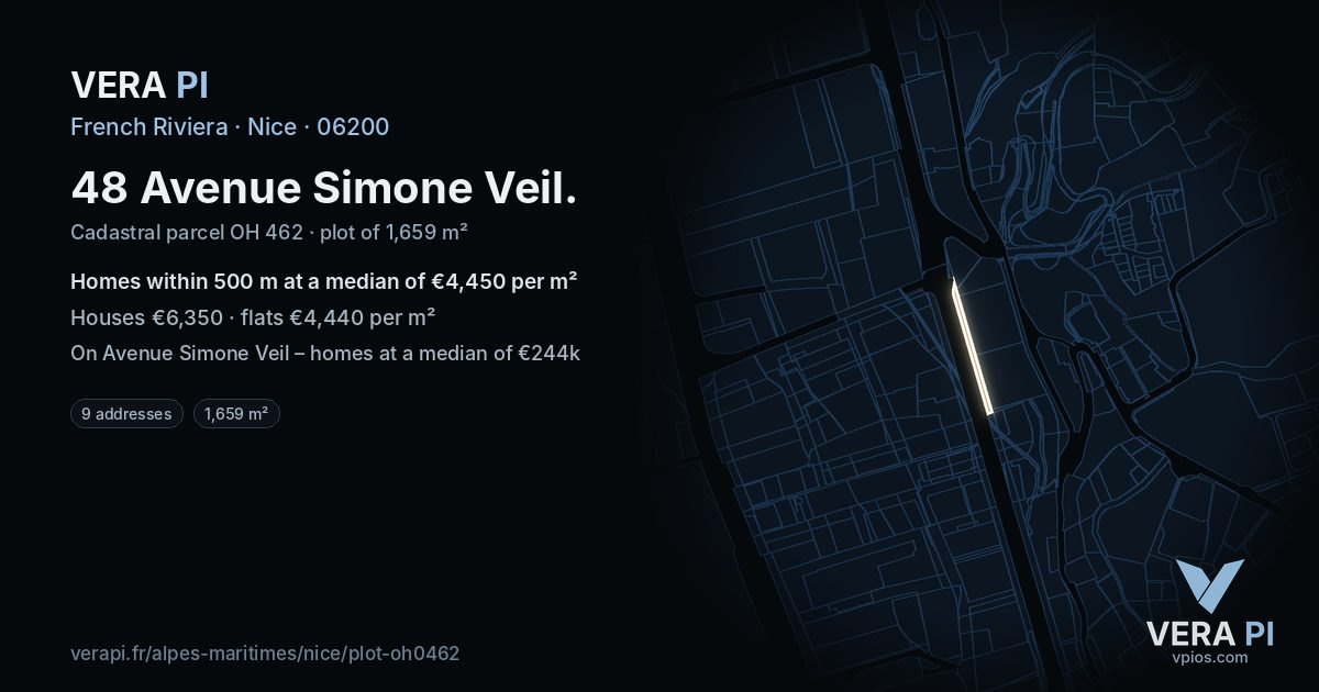 48 Avenue Simone Veil, Nice at night – the plot lit, the parcels around coloured by the prices near them