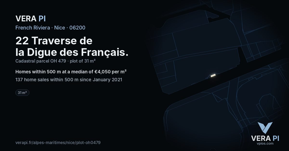 22 Traverse de la Digue des Français, Nice at night – the plot lit, the parcels around coloured by the prices near them