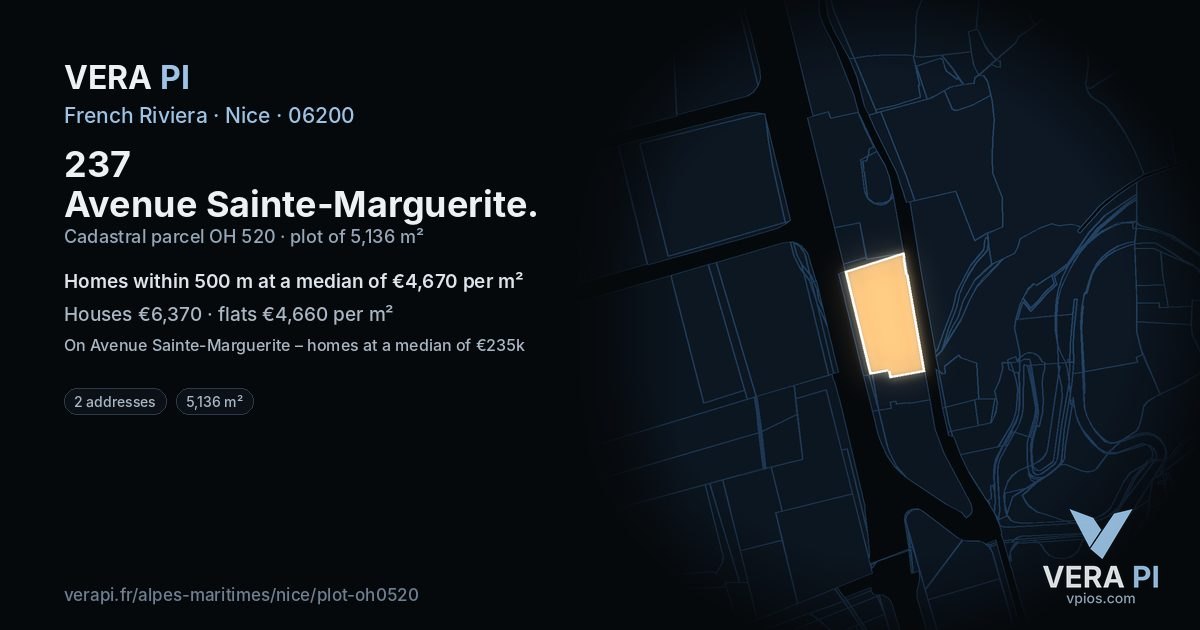 237 Avenue Sainte-Marguerite, Nice at night – the plot lit, the parcels around coloured by the prices near them
