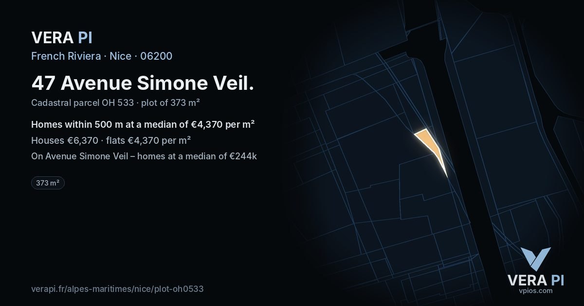 47 Avenue Simone Veil, Nice at night – the plot lit, the parcels around coloured by the prices near them