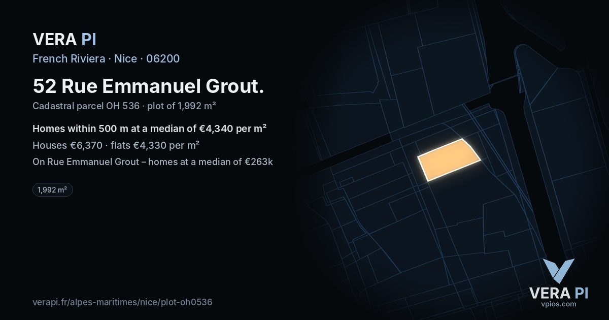 52 Rue Emmanuel Grout, Nice at night – the plot lit, the parcels around coloured by the prices near them