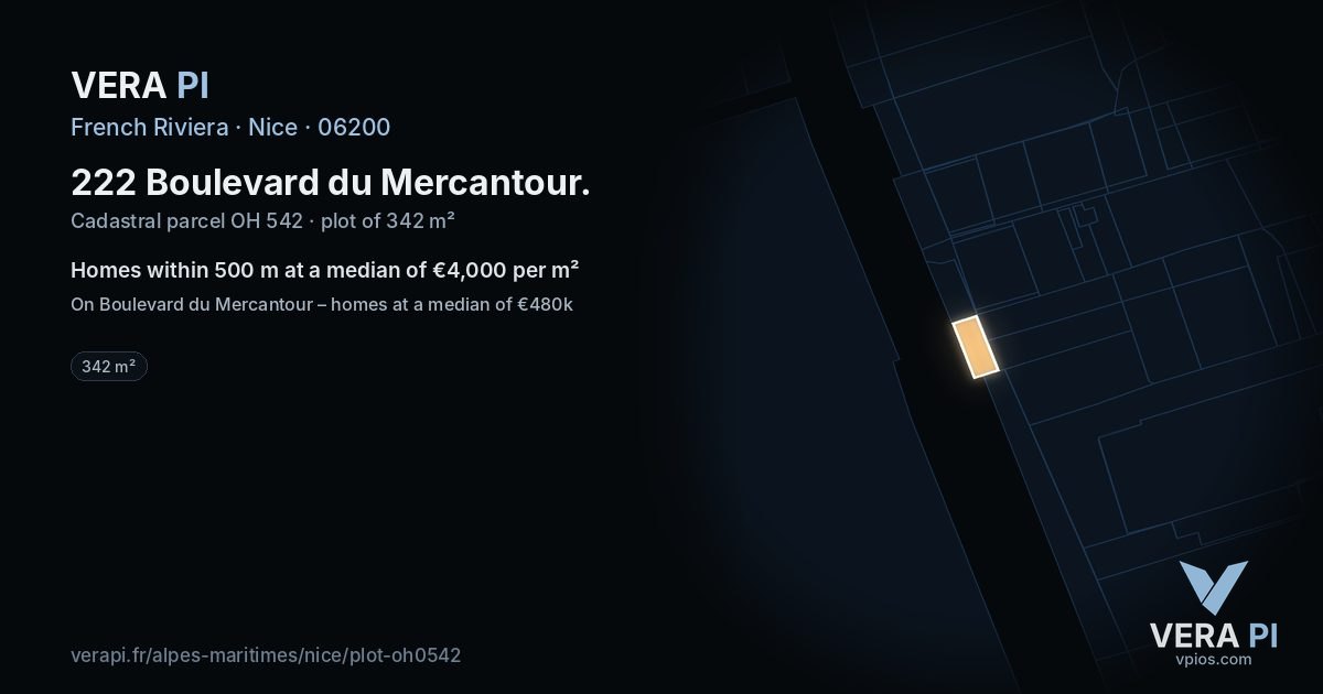 222 Boulevard du Mercantour, Nice at night – the plot lit, the parcels around coloured by the prices near them