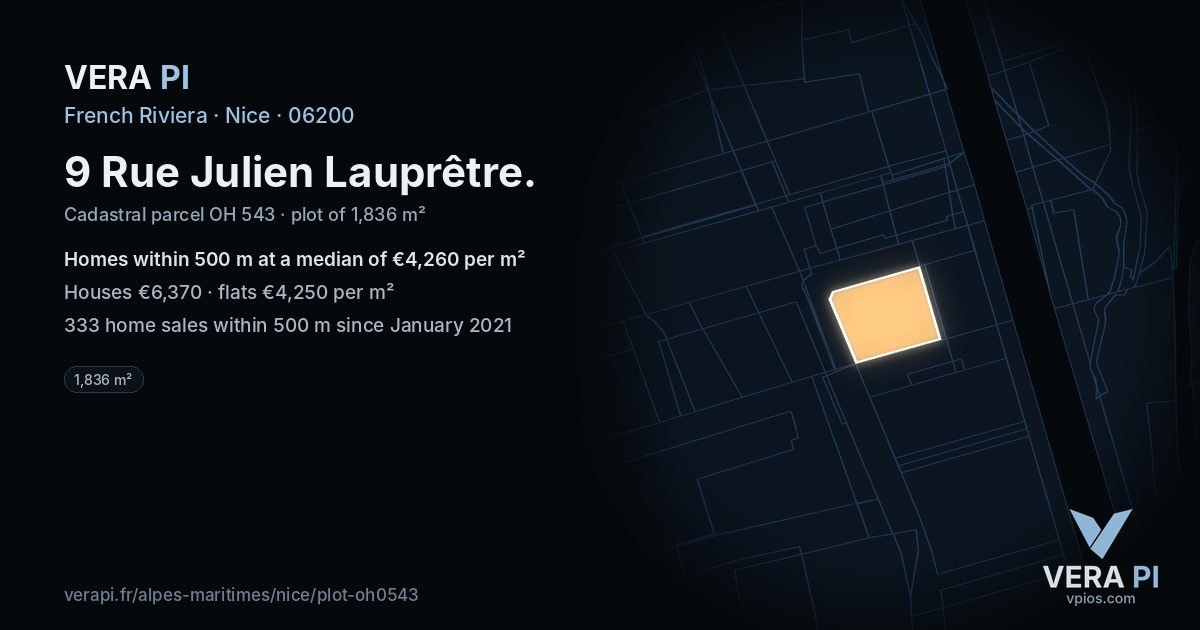 9 Rue Julien Lauprêtre, Nice at night – the plot lit, the parcels around coloured by the prices near them