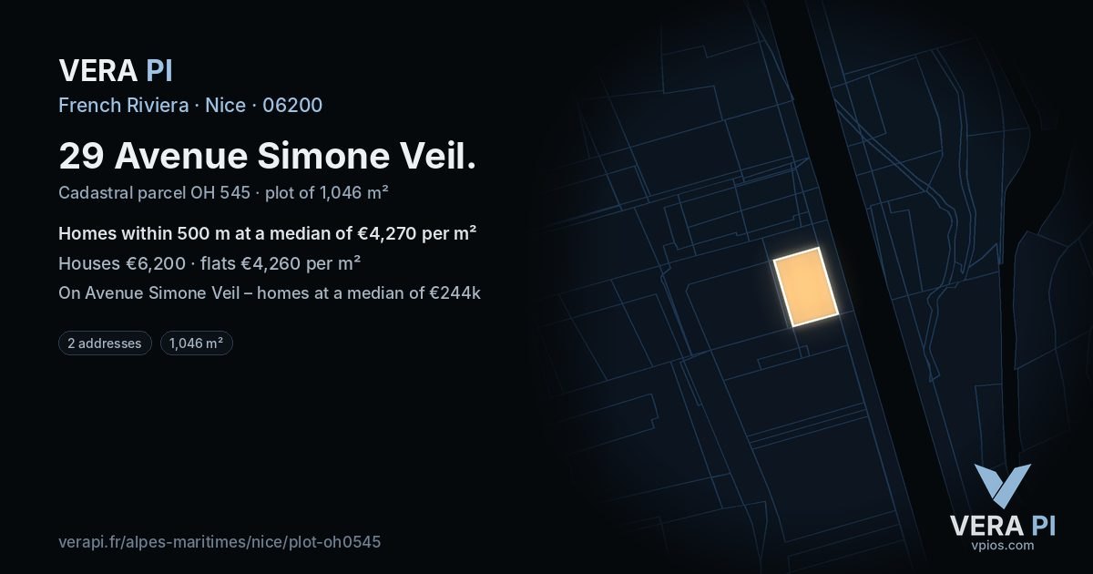 29 Avenue Simone Veil, Nice at night – the plot lit, the parcels around coloured by the prices near them