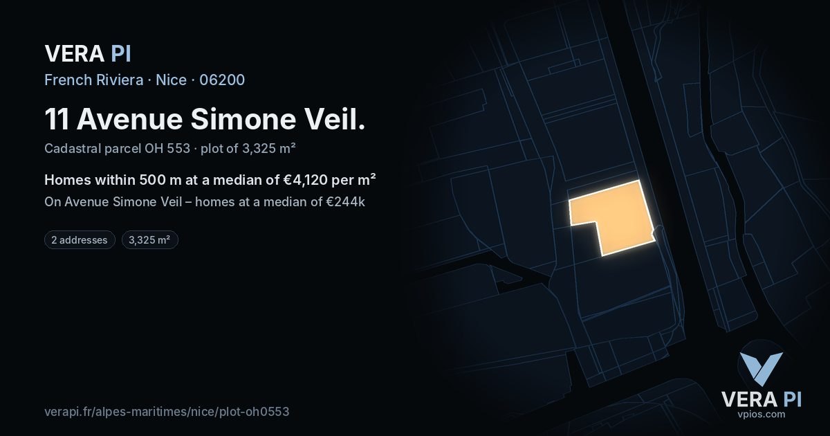 11 Avenue Simone Veil, Nice at night – the plot lit, the parcels around coloured by the prices near them