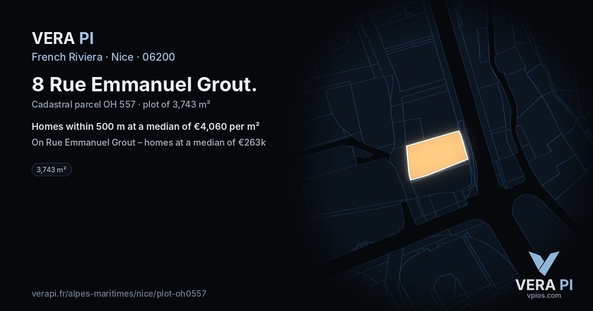 8 Rue Emmanuel Grout, Nice at night – the plot lit, the parcels around coloured by the prices near them