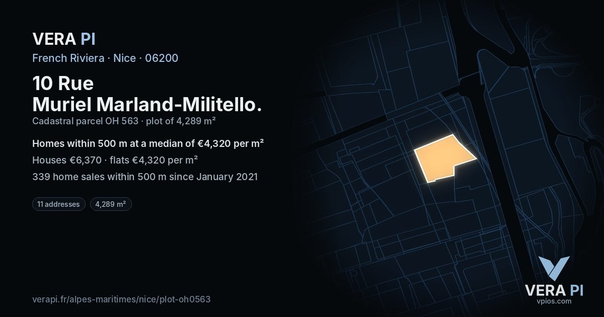 10 Rue Muriel Marland-Militello, Nice at night – the plot lit, the parcels around coloured by the prices near them