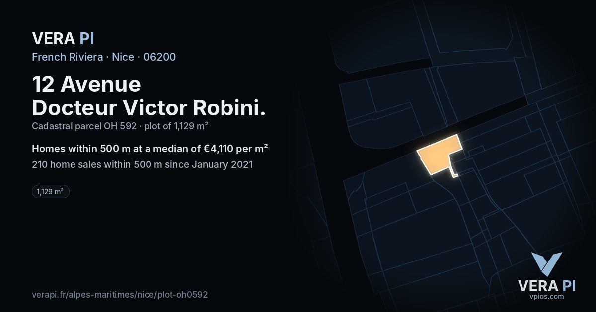 12 Avenue Docteur Victor Robini, Nice at night – the plot lit, the parcels around coloured by the prices near them