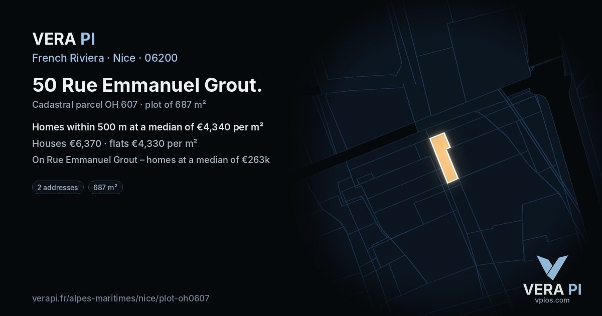 50 Rue Emmanuel Grout, Nice at night – the plot lit, the parcels around coloured by the prices near them