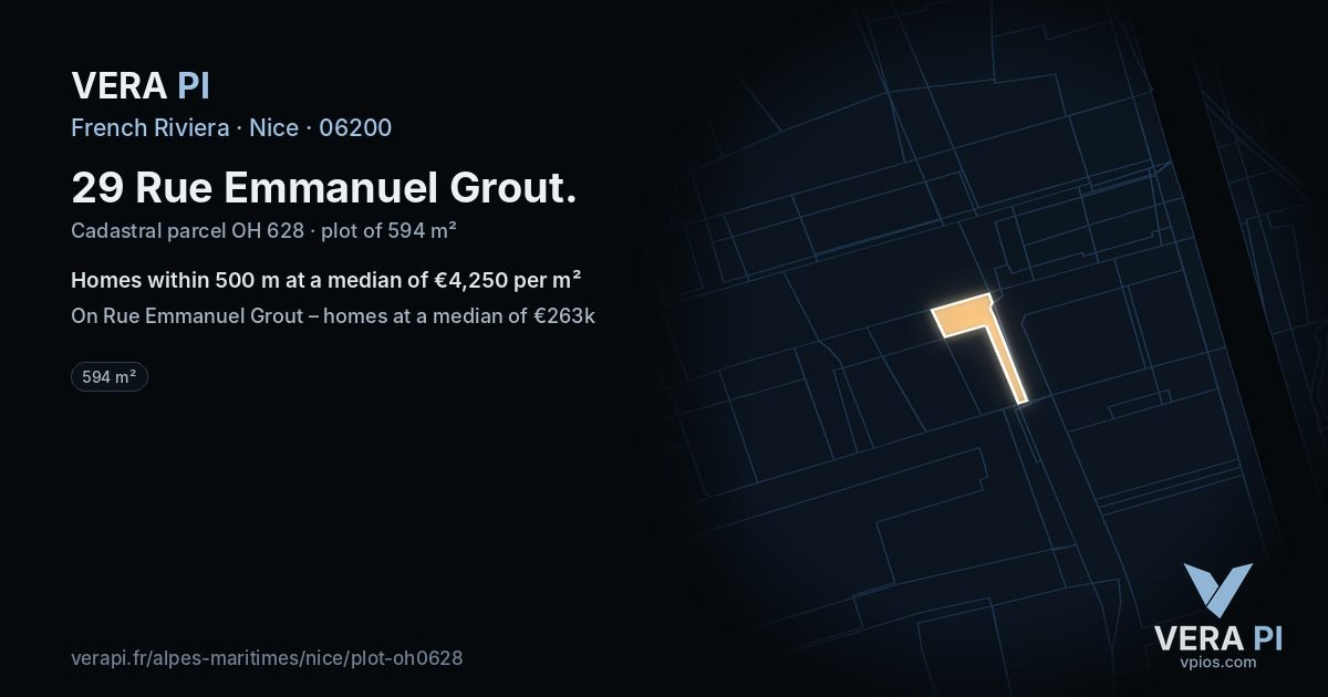 29 Rue Emmanuel Grout, Nice at night – the plot lit, the parcels around coloured by the prices near them