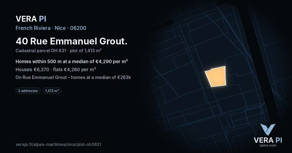 40 Rue Emmanuel Grout, Nice at night – the plot lit, the parcels around coloured by the prices near them
