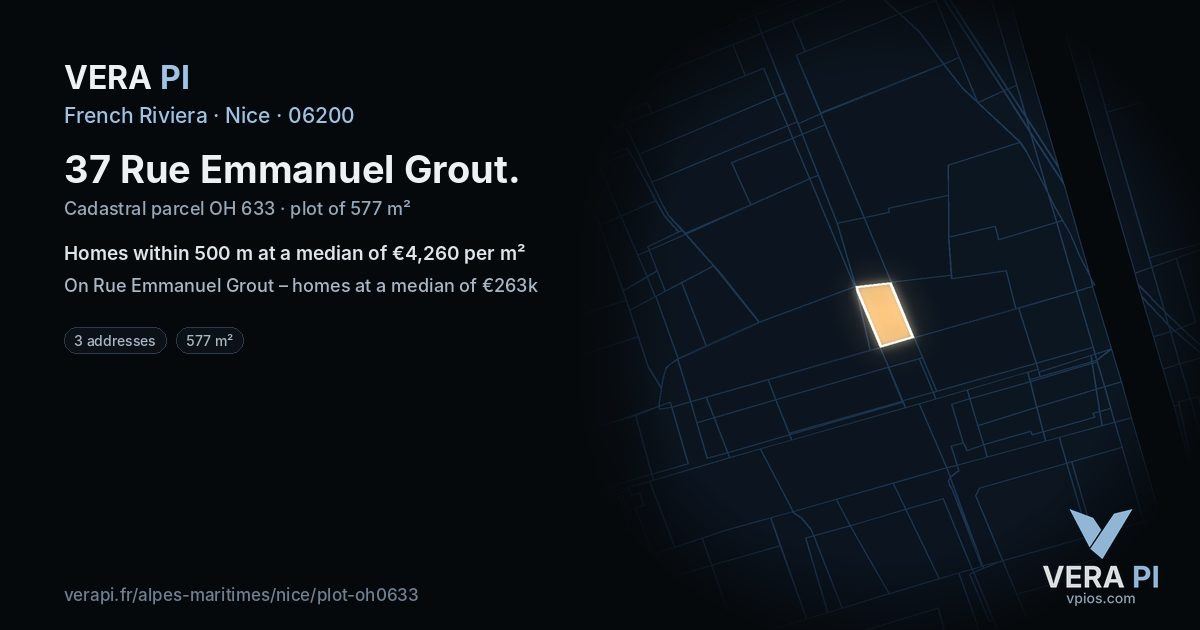 37 Rue Emmanuel Grout, Nice at night – the plot lit, the parcels around coloured by the prices near them