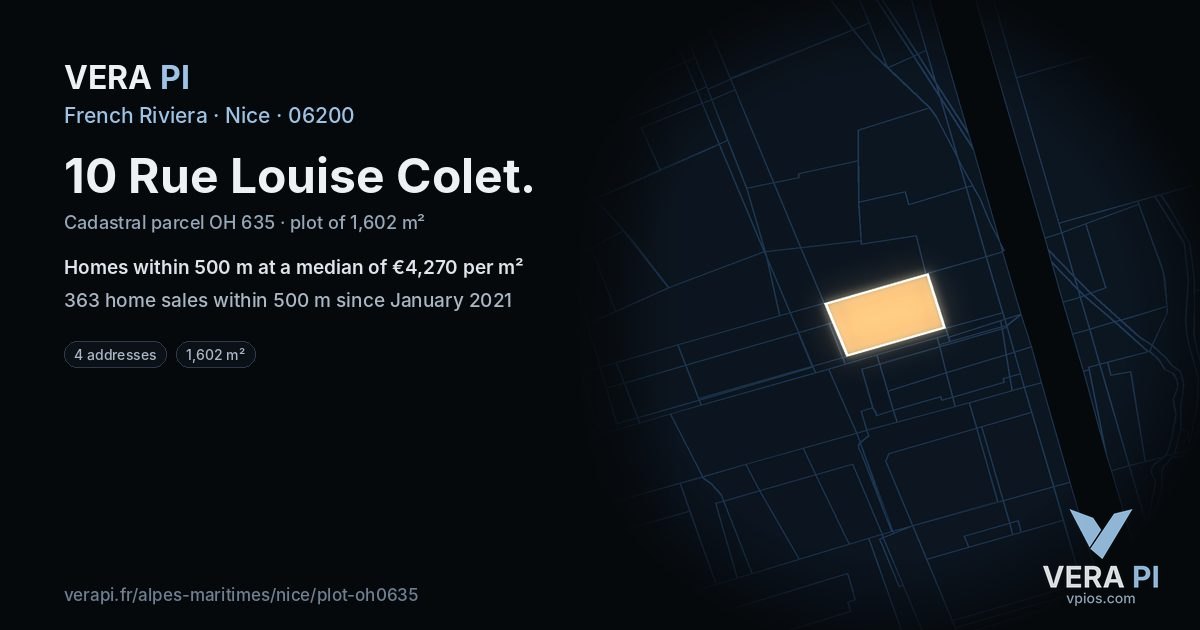 10 Rue Louise Colet, Nice at night – the plot lit, the parcels around coloured by the prices near them