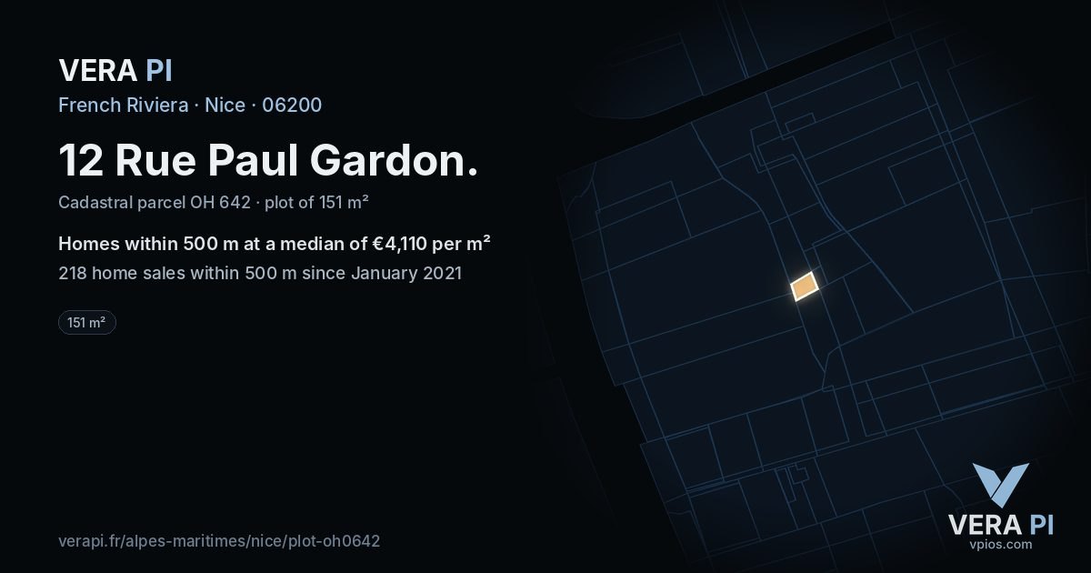 12 Rue Paul Gardon, Nice at night – the plot lit, the parcels around coloured by the prices near them