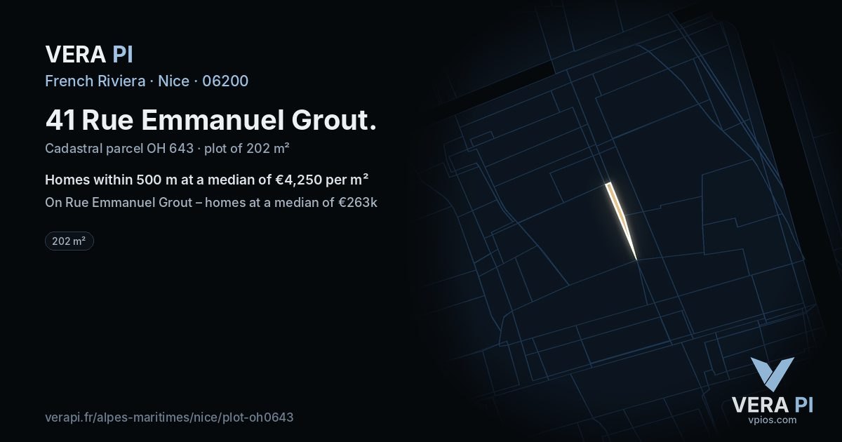 41 Rue Emmanuel Grout, Nice at night – the plot lit, the parcels around coloured by the prices near them
