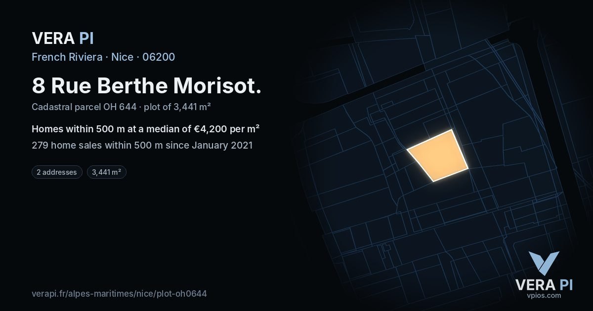 8 Rue Berthe Morisot, Nice at night – the plot lit, the parcels around coloured by the prices near them