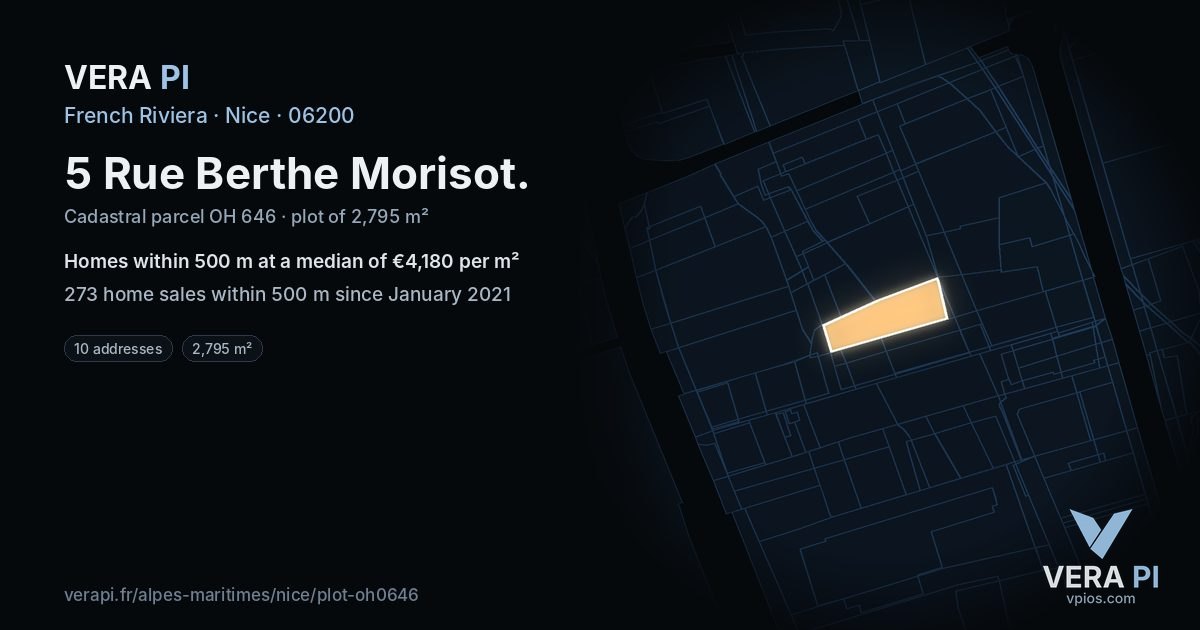 5 Rue Berthe Morisot, Nice at night – the plot lit, the parcels around coloured by the prices near them
