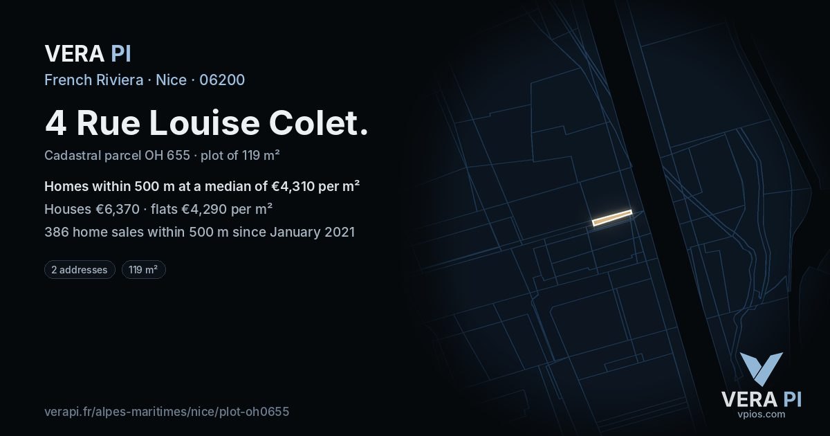 4 Rue Louise Colet, Nice at night – the plot lit, the parcels around coloured by the prices near them