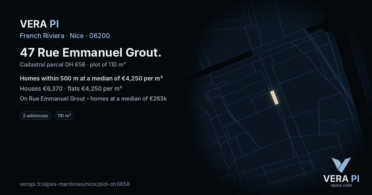 47 Rue Emmanuel Grout, Nice at night – the plot lit, the parcels around coloured by the prices near them