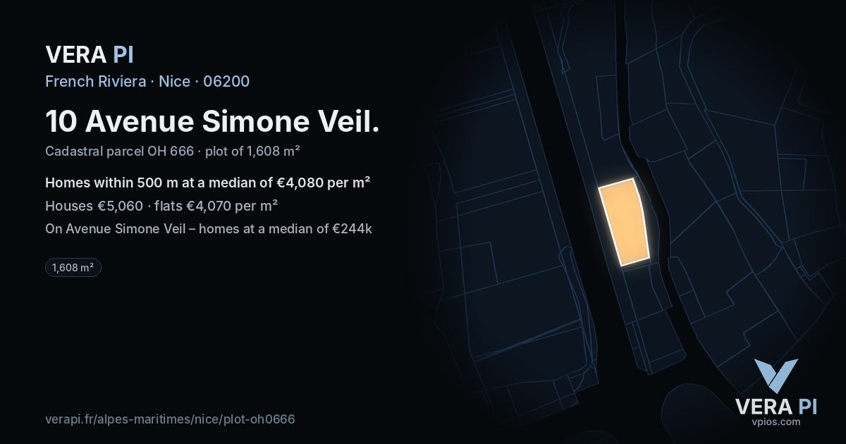 10 Avenue Simone Veil, Nice at night – the plot lit, the parcels around coloured by the prices near them