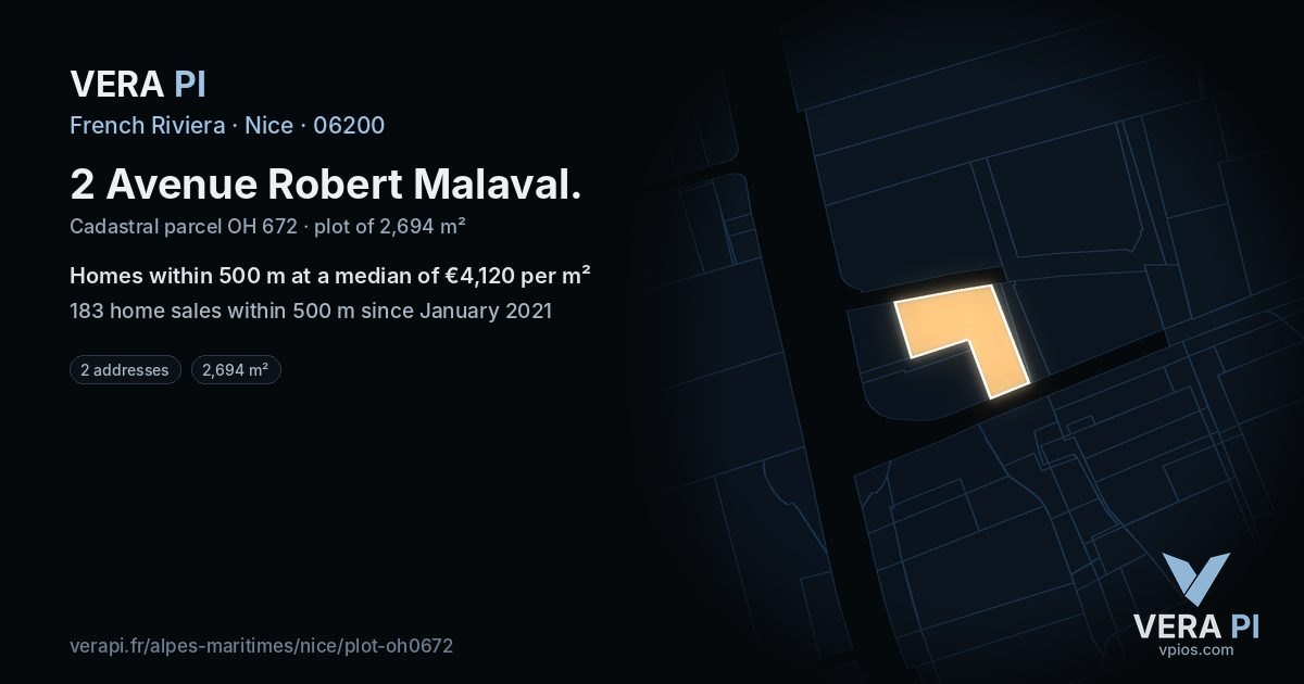 2 Avenue Robert Malaval, Nice at night – the plot lit, the parcels around coloured by the prices near them