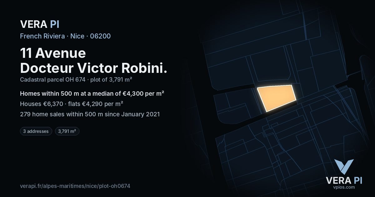 11 Avenue Docteur Victor Robini, Nice at night – the plot lit, the parcels around coloured by the prices near them