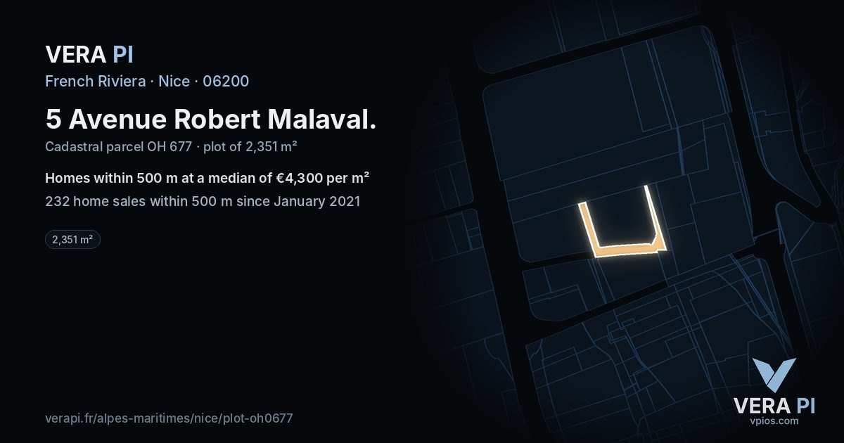 5 Avenue Robert Malaval, Nice at night – the plot lit, the parcels around coloured by the prices near them
