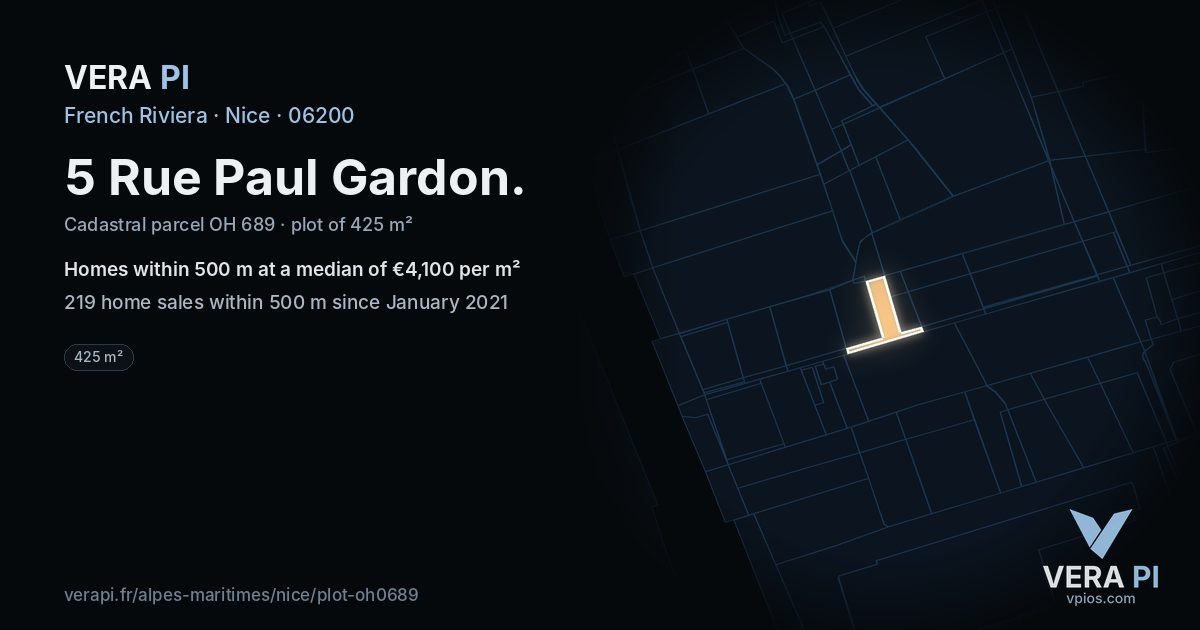 5 Rue Paul Gardon, Nice at night – the plot lit, the parcels around coloured by the prices near them