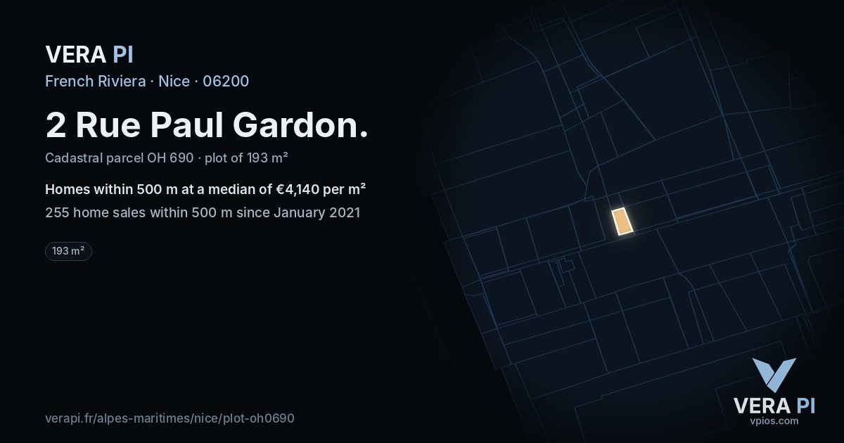 2 Rue Paul Gardon, Nice at night – the plot lit, the parcels around coloured by the prices near them