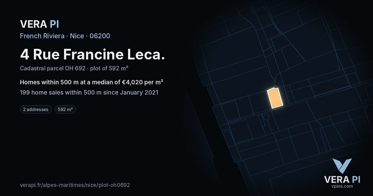 4 Rue Francine Leca, Nice at night – the plot lit, the parcels around coloured by the prices near them