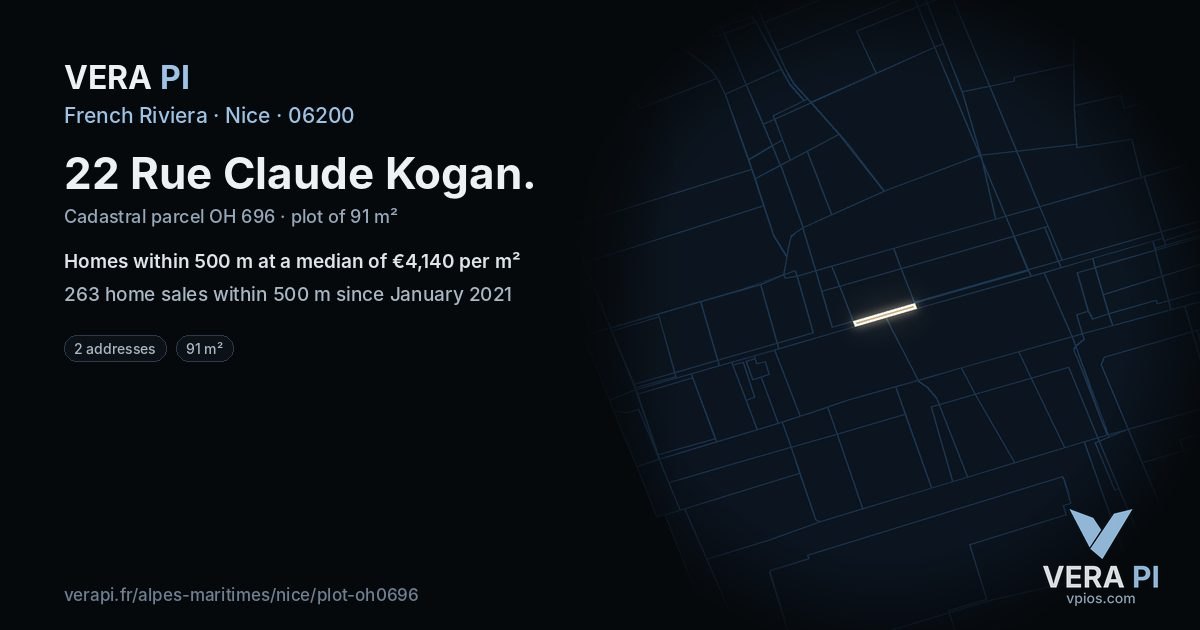 22 Rue Claude Kogan, Nice at night – the plot lit, the parcels around coloured by the prices near them
