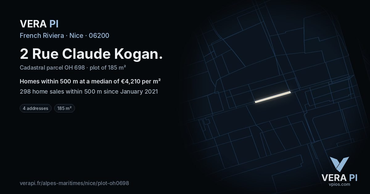 2 Rue Claude Kogan, Nice at night – the plot lit, the parcels around coloured by the prices near them