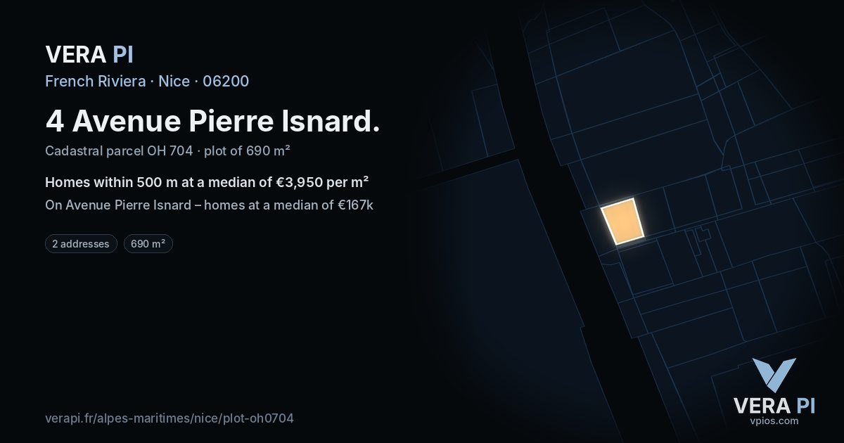 4 Avenue Pierre Isnard, Nice at night – the plot lit, the parcels around coloured by the prices near them