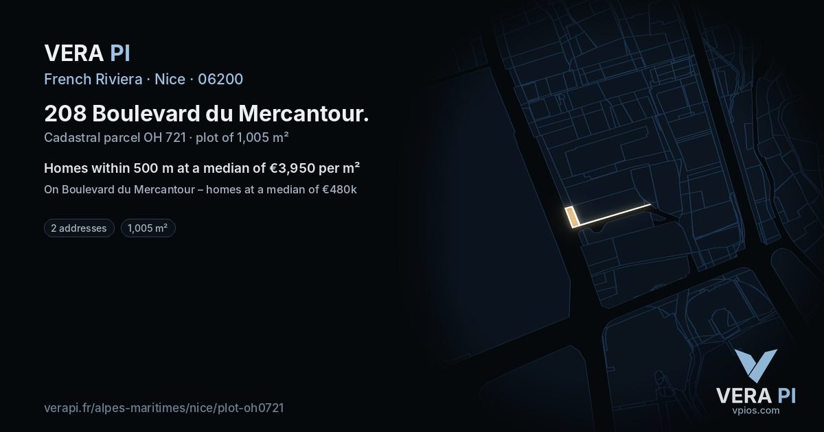 208 Boulevard du Mercantour, Nice at night – the plot lit, the parcels around coloured by the prices near them