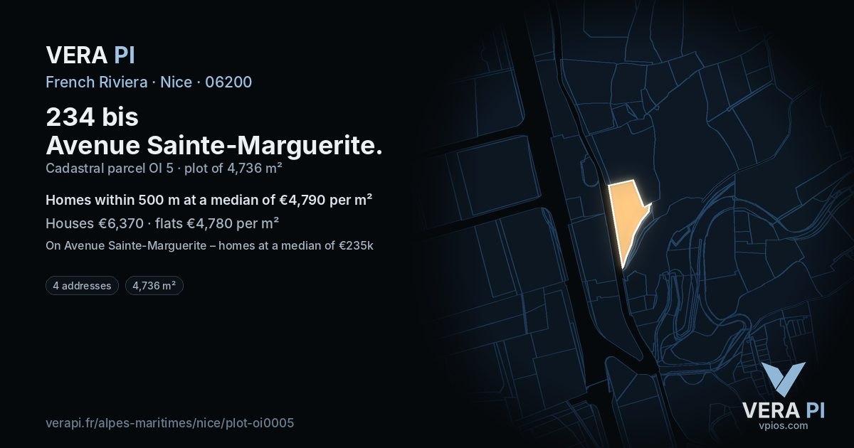 234 bis Avenue Sainte-Marguerite, Nice at night – the plot lit, the parcels around coloured by the prices near them