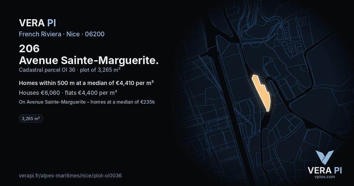 206 Avenue Sainte-Marguerite, Nice at night – the plot lit, the parcels around coloured by the prices near them
