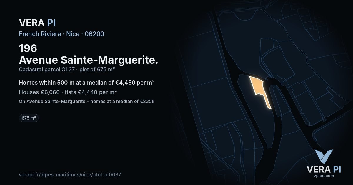 196 Avenue Sainte-Marguerite, Nice at night – the plot lit, the parcels around coloured by the prices near them