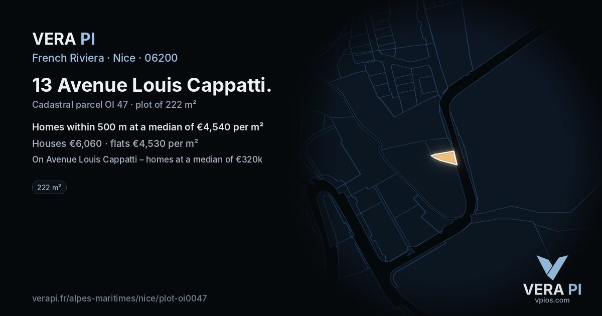 13 Avenue Louis Cappatti, Nice at night – the plot lit, the parcels around coloured by the prices near them