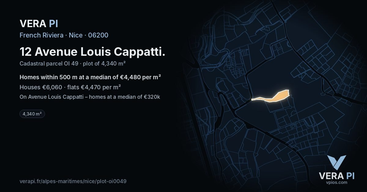 12 Avenue Louis Cappatti, Nice at night – the plot lit, the parcels around coloured by the prices near them