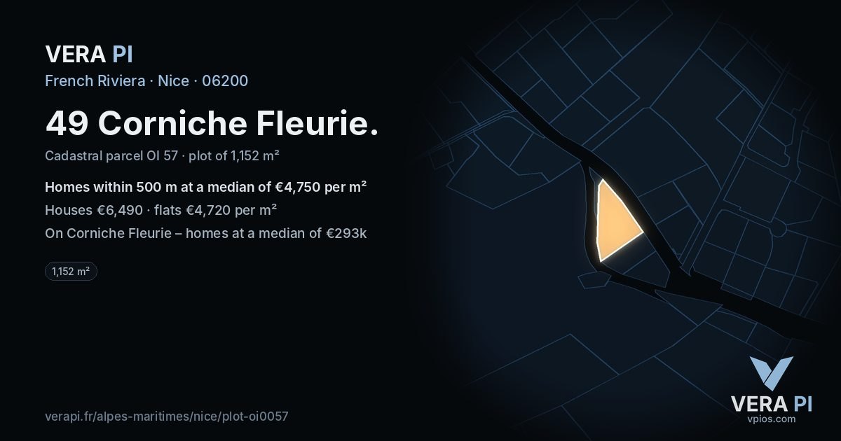 49 Corniche Fleurie, Nice at night – the plot lit, the parcels around coloured by the prices near them