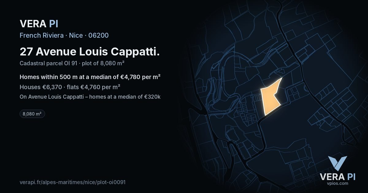 27 Avenue Louis Cappatti, Nice at night – the plot lit, the parcels around coloured by the prices near them
