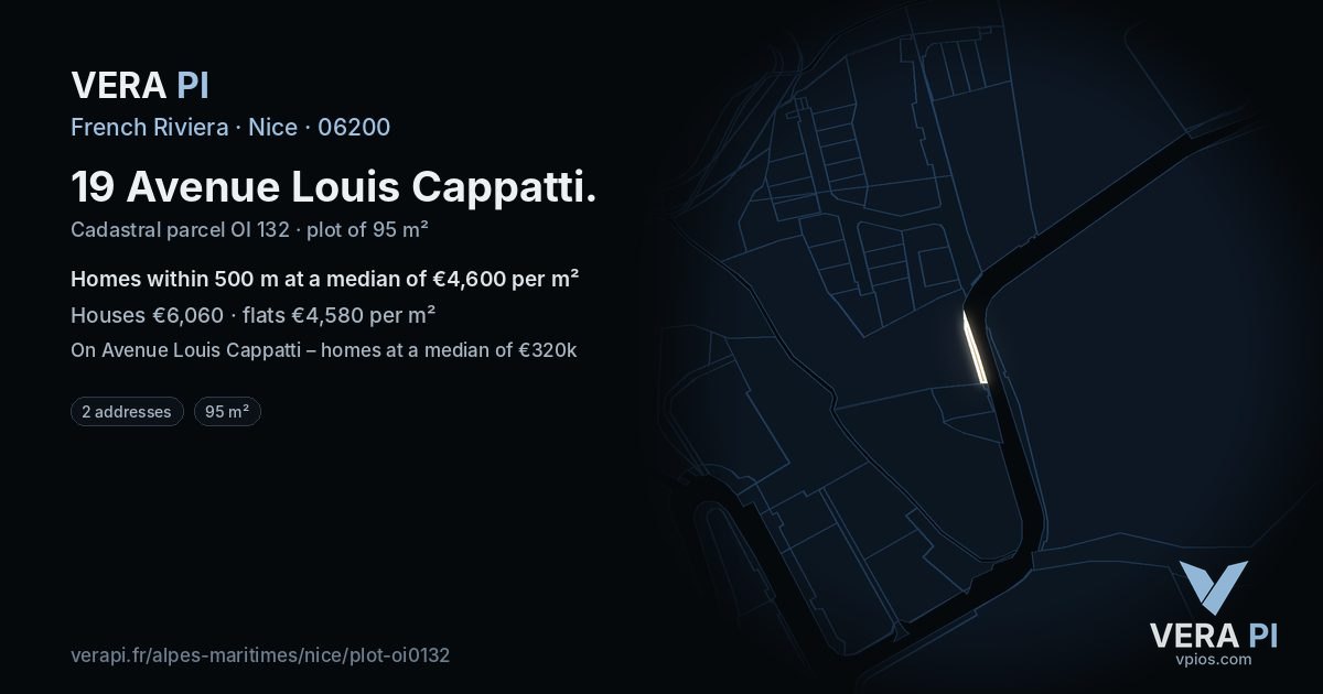 19 Avenue Louis Cappatti, Nice at night – the plot lit, the parcels around coloured by the prices near them
