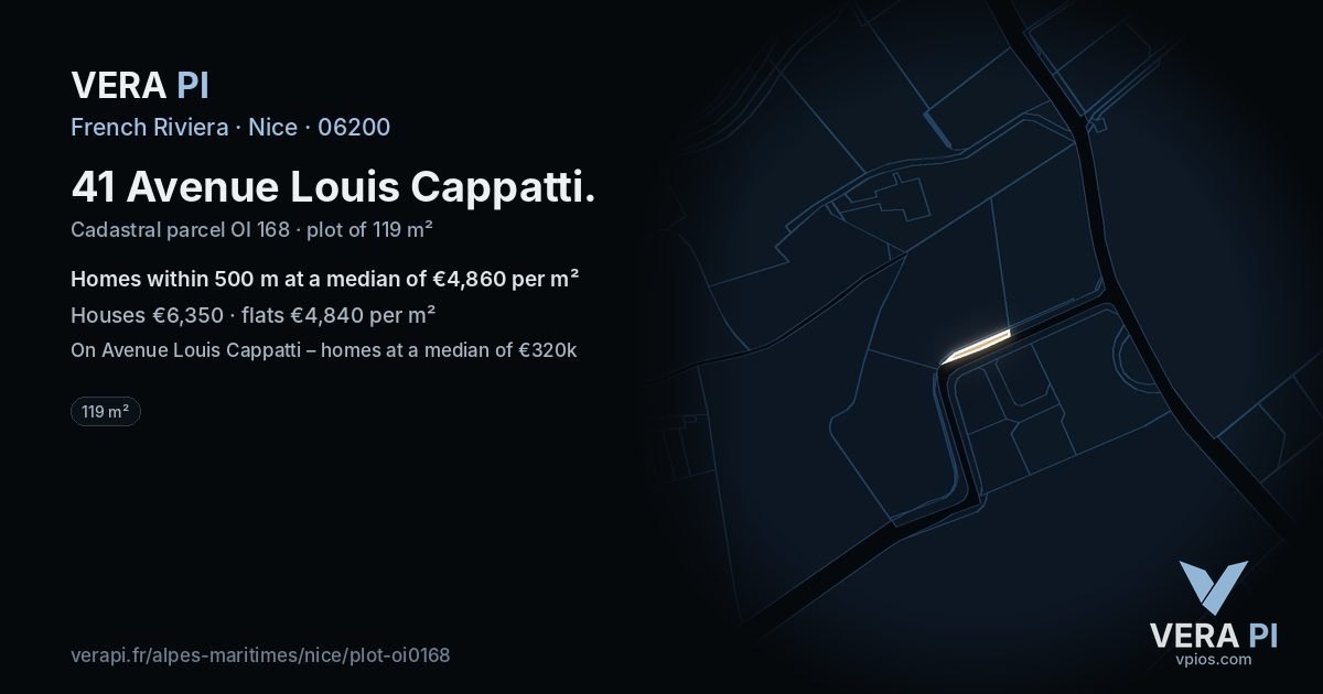 41 Avenue Louis Cappatti, Nice at night – the plot lit, the parcels around coloured by the prices near them