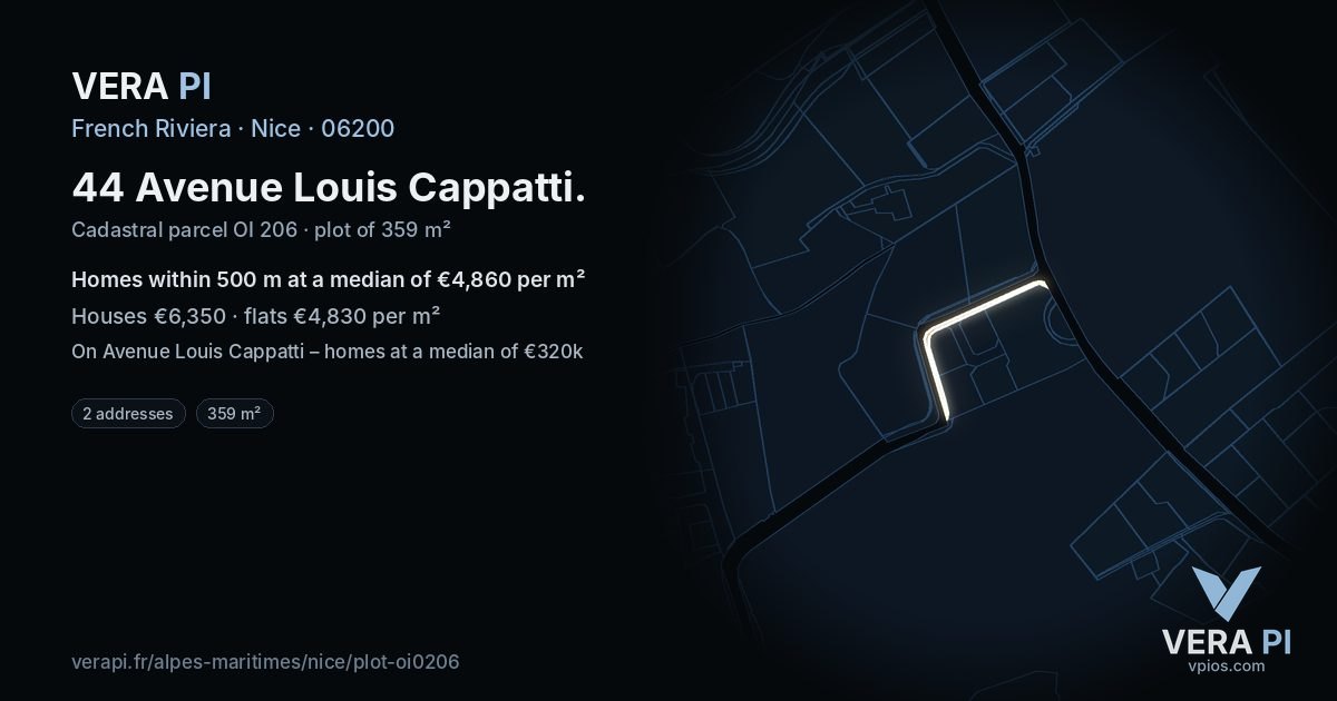 44 Avenue Louis Cappatti, Nice at night – the plot lit, the parcels around coloured by the prices near them