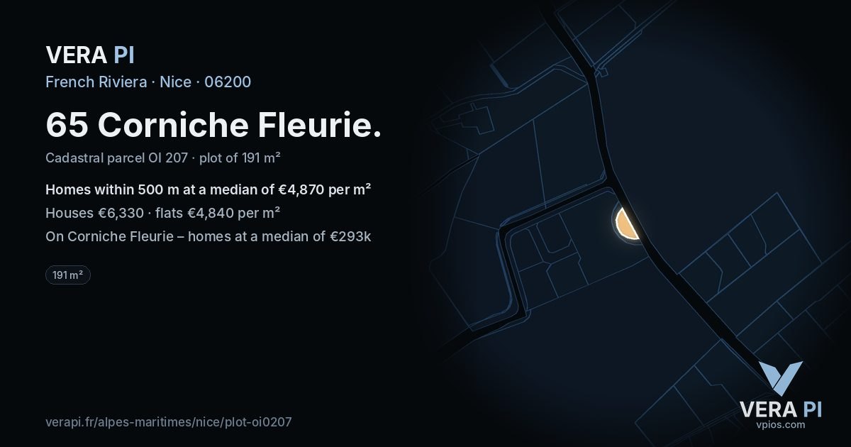 65 Corniche Fleurie, Nice at night – the plot lit, the parcels around coloured by the prices near them