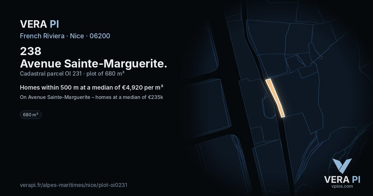 238 Avenue Sainte-Marguerite, Nice at night – the plot lit, the parcels around coloured by the prices near them