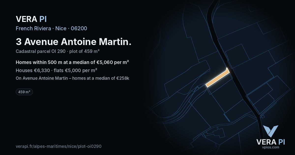 3 Avenue Antoine Martin, Nice at night – the plot lit, the parcels around coloured by the prices near them