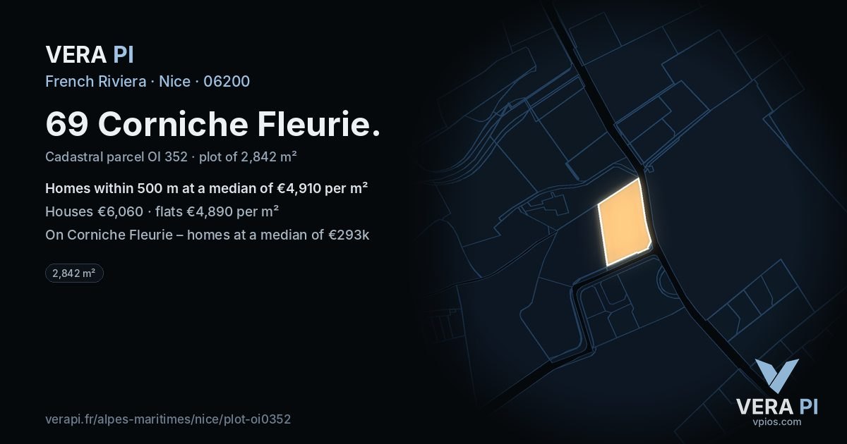 69 Corniche Fleurie, Nice at night – the plot lit, the parcels around coloured by the prices near them